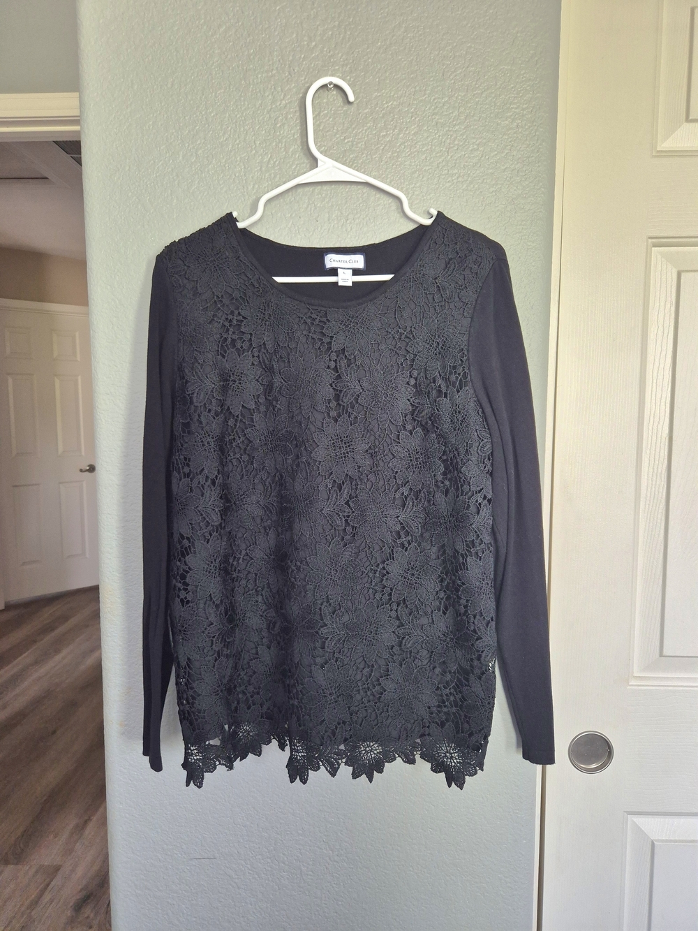 Charter Club Black Lace-Front Long Sleeve Top